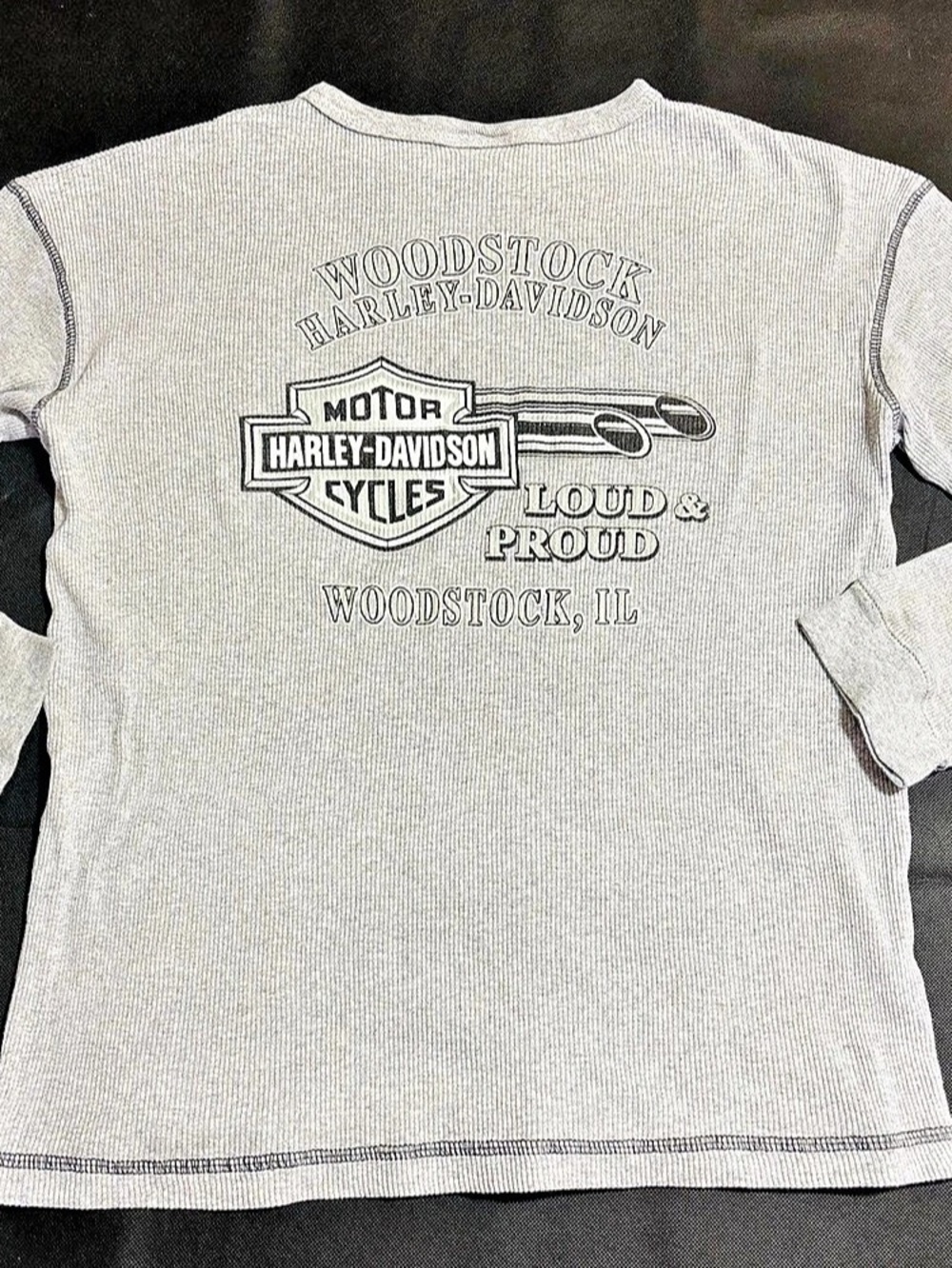 Vintage Harley Davidson Ribbed Long Sleeve Heather Grey Woodstock,IL Size Medium